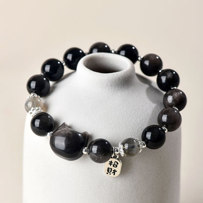 Silver Obsidian Faceless Cat Moonlight Bracelet | Chinese Style Women's Protection Jewelry