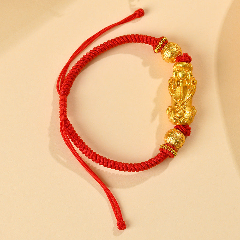 Golden Pixiu Copper Coin Bead Vajra Knot Bracelet - Wealth and Protection Charm