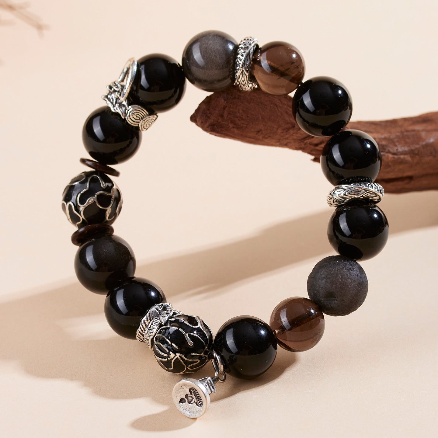 Natural Silver Obsidian Cloisonné Enamel Large Bead Bracelet for Men - Protection & Fortune