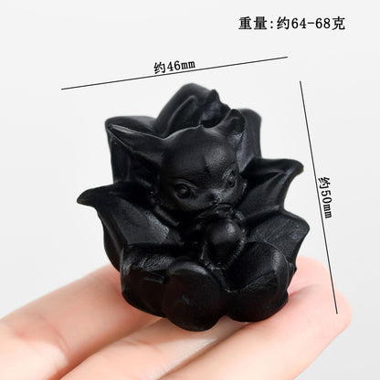 Natural Obsidian Carved Nine-Tailed Fox Ornament - Mystical Desk Decor for Wisdom & Protection