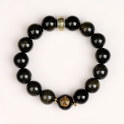 Custom Obsidian Zodiac Buddha Six-Word Mantra Bracelet with Twelve Zodiac and Eight Guardian Deities