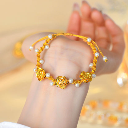 Golden Sand Rose Hand-Woven Bracelet | Ancient French Chinese Style Women's Luck Charm