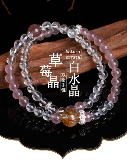 Strawberry Crystal & White Crystal Double Circle Bracelet - Peach Pink Love Charm for Women