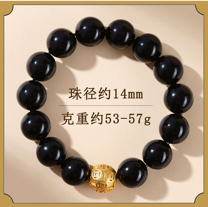 Natural Obsidian Gold Copper Coin Bead Bracelet - Chinese Style Unisex Protection Wealth Charm