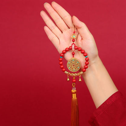 Imperial Red Cinnabar Five Blessings Compass Car Hanging – Natural Mineral Talisman for Safe Travels