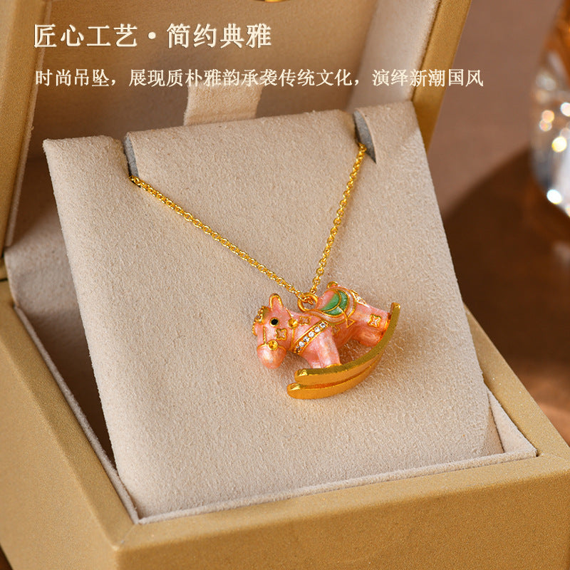 Vintage Blue Enamel Rocking Horse Pendant Necklace - Nostalgic Clavicle Chain for Protection and Joy