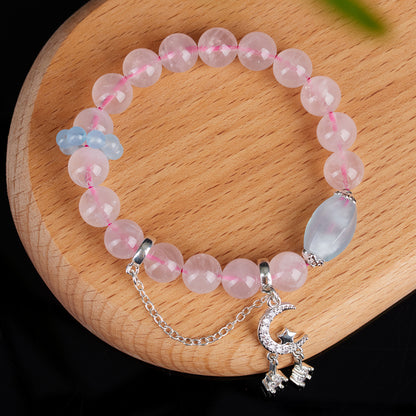 Natural Pink Quartz Aquamarine Starry Moon Love Bracelet | Irregular Crystal Design for Women