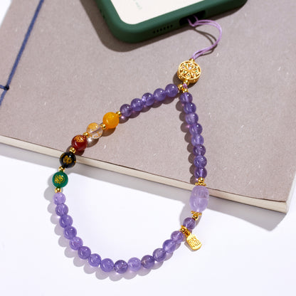 Natural Amethyst Pixiu Five-Directional Wealth God Phone Chain - Feng Shui Keychain for Prosperity