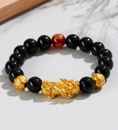 Natural Obsidian Gold Pixiu Zodiac Buddha Bracelet for Wealth Protection and Spiritual Harmony