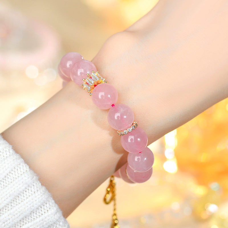 Natural Hibiscus Pink Crystal Beaded Bracelet | Large Round Beads Spiritual Jewelry for Women