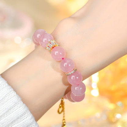 Natural Hibiscus Pink Crystal Beaded Bracelet | Large Round Beads Spiritual Jewelry for Women