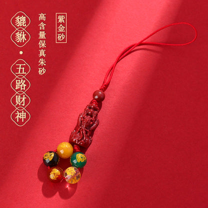Natural Purple Gold Cinnabar Pixiu Five Road God of Wealth Pendant for Phone and Keys