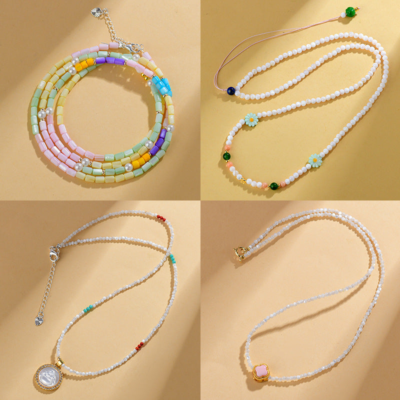Macaron Candy Color Shell Bead Necklace | Sweet Round and Rice Beads Collarbone Chain