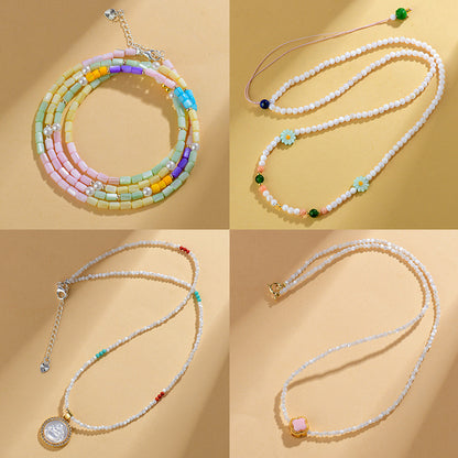 Macaron Candy Color Shell Bead Necklace | Sweet Round and Rice Beads Collarbone Chain
