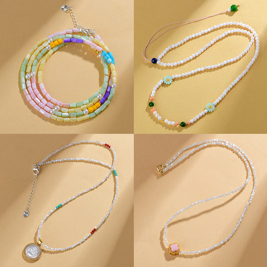 Macaron Candy Color Shell Bead Necklace | Sweet Round and Rice Beads Collarbone Chain