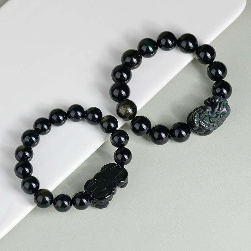 Natural Black Obsidian Pixiu Bracelet with Gold and Double Color Eye Beads - Wealth Protection Amulet for Couples
