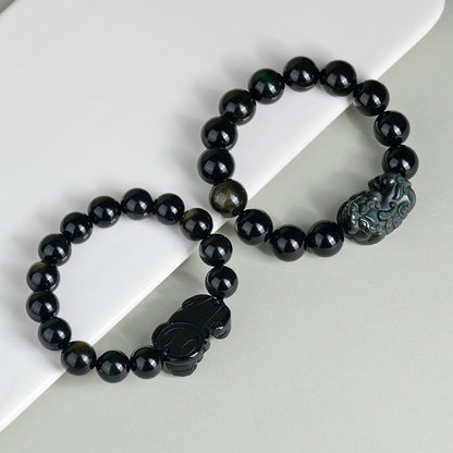 Natural Black Obsidian Pixiu Bracelet with Gold and Double Color Eye Beads - Wealth Protection Amulet for Couples