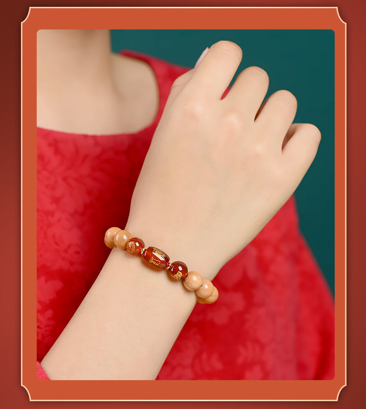 Ancient Peach Wood Cinnabar Zodiac Buddha Protection Bracelet for Harmony