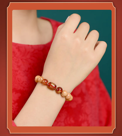 Ancient Peach Wood Cinnabar Zodiac Buddha Protection Bracelet for Harmony