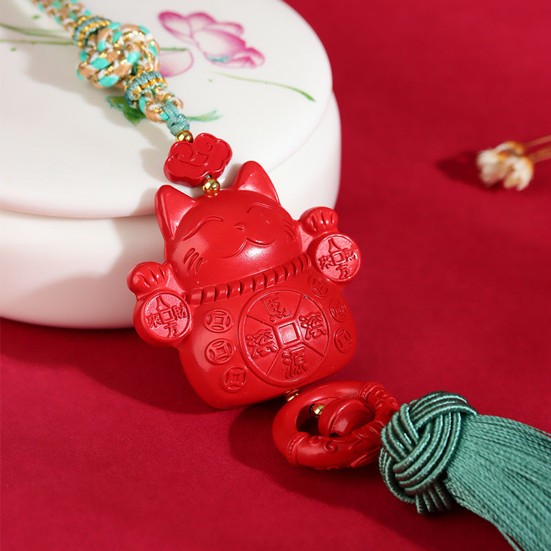 Natural Cinnabar Lucky Cat Car Charm | Imperial Red Sand Amulet for Wealth & Safe Travels