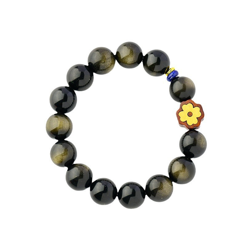 Gold Obsidian Double Eye Bracelet with Lucky Clover - Feng Shui Protection & Wealth Attraction