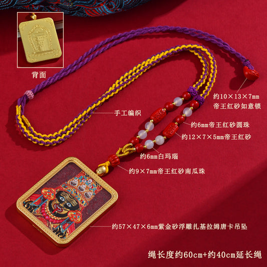 Purple Gold Cinnabar Thangka Pendant Necklace - Tibetan Spiritual Amulet for Protection