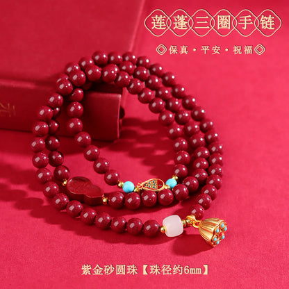 Natural Purple Gold Cinnabar Three-Circle Buddha Bead Bracelet with Lotus Pod Pendant