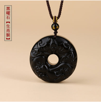 Natural Obsidian Zodiac Peace Buckle Pendant | Spiritual Protection & Fortune Necklace
