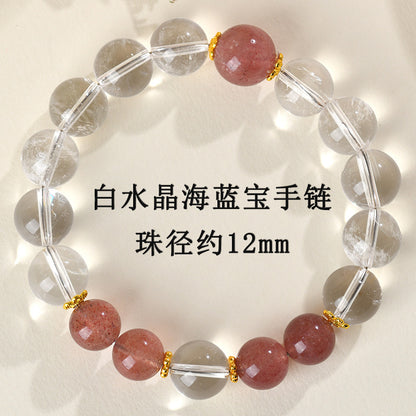 Natural Crystal Energy Bracelet with White Crystal, Obsidian, Strawberry Quartz, and Aquamarine | Spiritual Harmony & Protection
