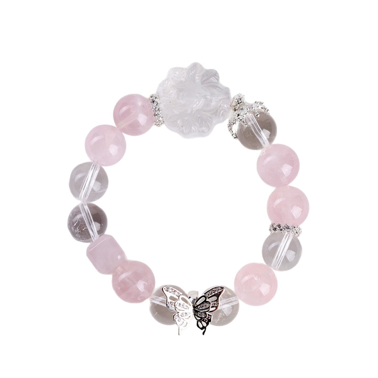 Natural Starlight Pink White Crystal Nine-Tailed Fox Butterfly Bracelet - Mystical Chinese Style Women's Charm