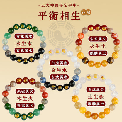 Five Elements Divine Beasts Guardian Natural Crystal Bracelet with Wind-Thunder Yi Hexagram