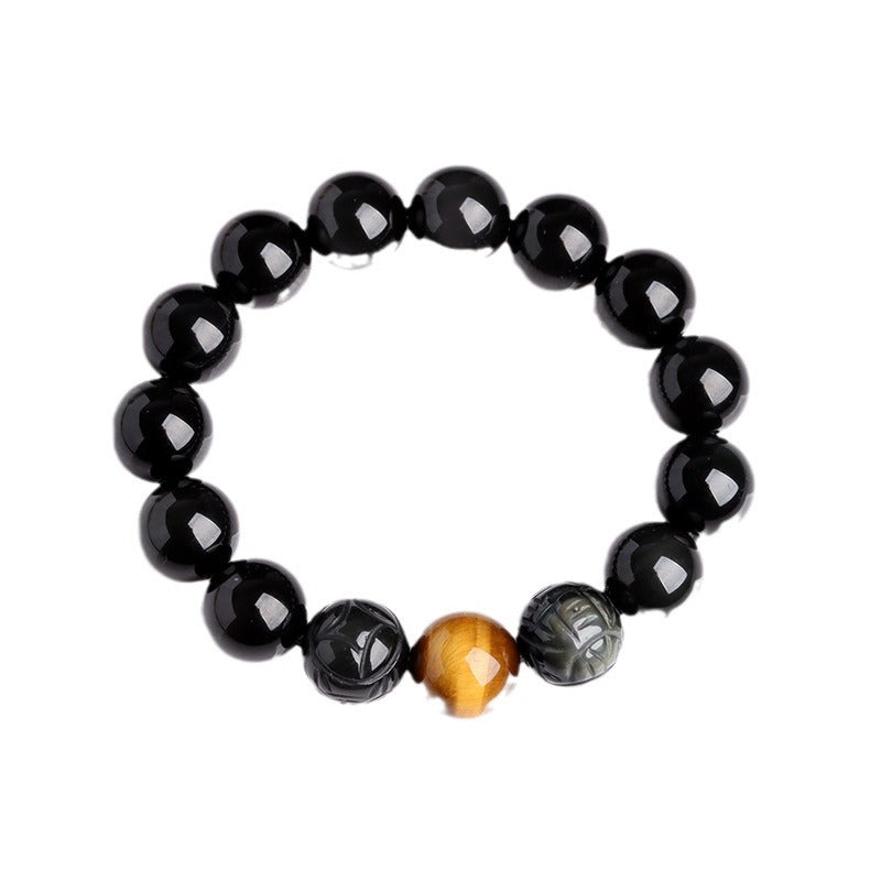 Natural Obsidian Gold-Swallowing Pixiu Double Color Tiger Eye Stone Bracelet for Wealth & Protection