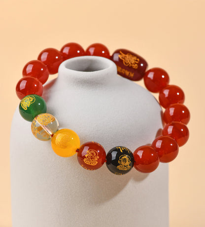 Five-Way God of Wealth Red Agate Tai Sui Bracelet - Wealth Attraction & Zodiac Protection