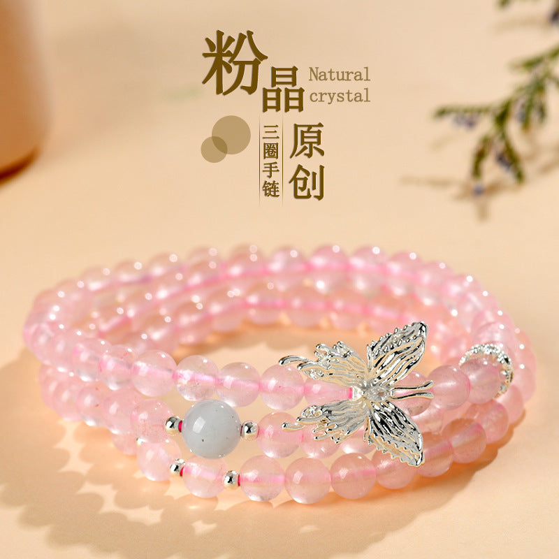 Natural Pink Quartz Aquamarine Butterfly Three-Circle Love Bracelet for Women