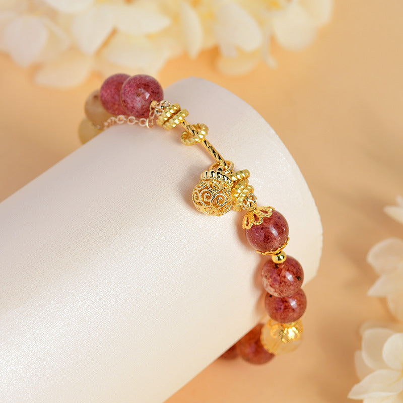 Leo Zodiac Crystal Bracelet with Natural Strawberry & Yellow Rutilated Quartz for Women