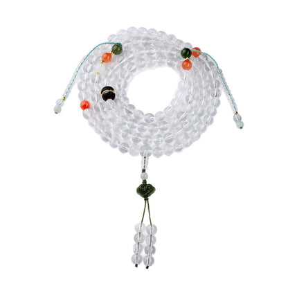 Natural White Crystal 108-Bead Bracelet with Hetian Jade & Red Agate | Buddhist Spiritual Jewelry
