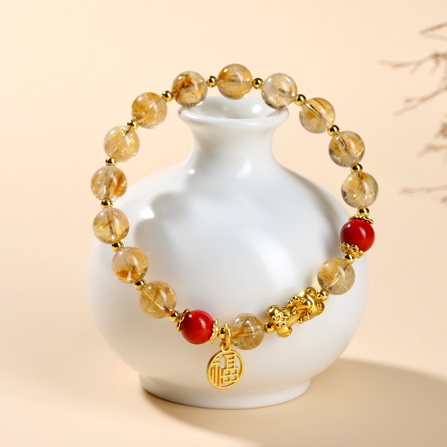 Yellow Pagoda Crystal and Imperial Red Cinnabar Lucky Bracelet for Women
