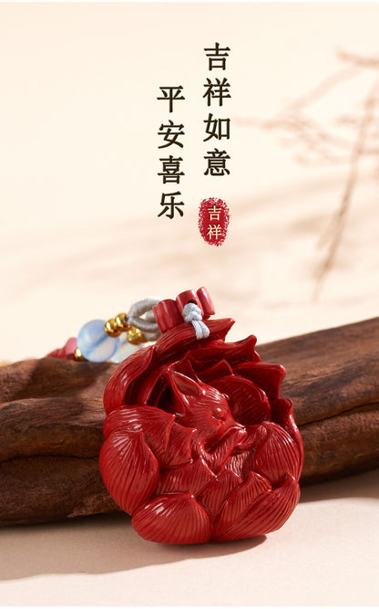 Imperial Red Cinnabar Nine-Tailed Fox Pendant Necklace - Chinese Mystique Women's Spiritual Accessory