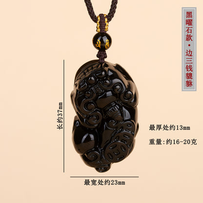 Natural Obsidian Pixiu Pendant Necklace | Chinese Style Unisex Wealth Talisman