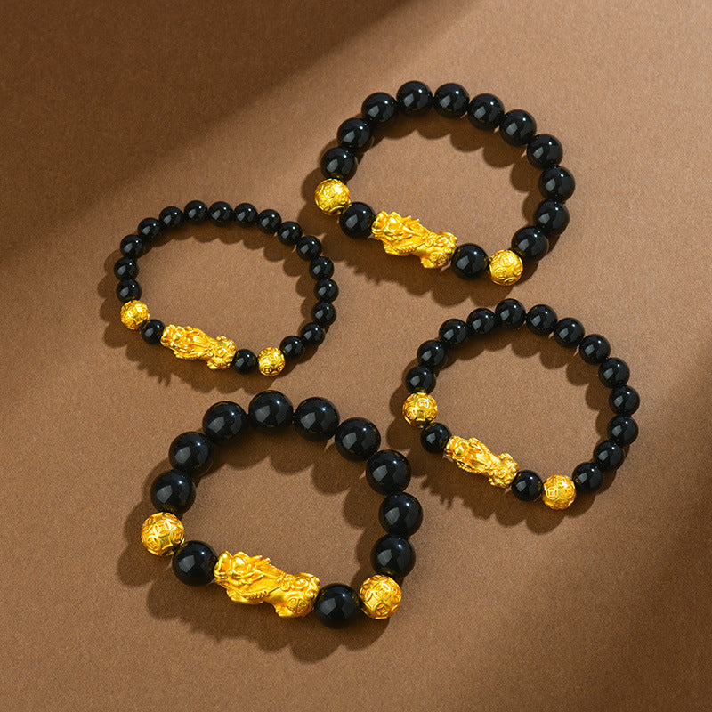 Natural Obsidian Gold Pixiu Bracelet | Wealth Attraction & Protection Amulet