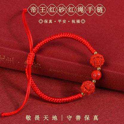 Natural High Content Cinnabar Pixiu Wealth Bracelet with Braided Red String - Zodiac Year Talisman