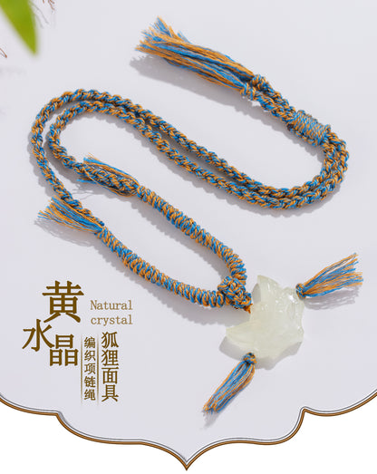 Natural Yellow Crystal Fox Mask Pendant Tibetan Necklace - Wisdom & Prosperity Amulet