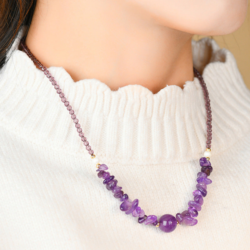 Natural Amethyst Rose Quartz Aquamarine Crushed Stone Collarbone Necklace - Romantic Women's Spiritual Jewelry