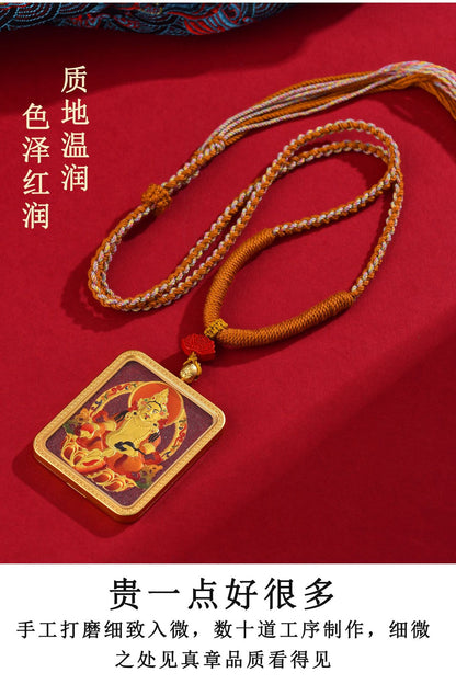 Purple Gold Cinnabar Yellow God of Wealth Thangka Pendant with Hand-Woven Rope Necklace
