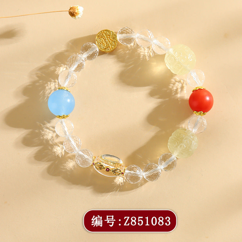 Five-Way God of Wealth Golden Crystal Bracelet | Four Directions Gather Gold Natural White Crystal Unisex Couple Amulet