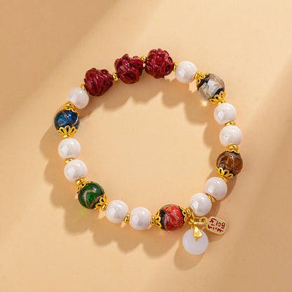 Five Blessings Fragrant Ash Glazed Cinnabar Zodiac Three-in-One Bracelet - Dragon Year Auspicious Talisman