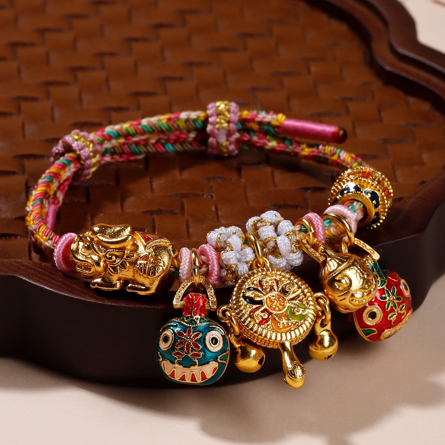 Golden Pixiu and Wealth Beast Family Bracelet | Tibetan Style Braided Rope for Prosperity