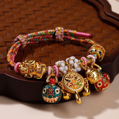 Golden Pixiu and Wealth Beast Family Bracelet | Tibetan Style Braided Rope for Prosperity