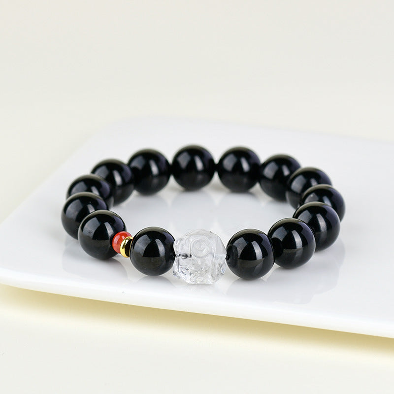 Obsidian Lion Awakening Bracelet with White Crystal and Southern Red Agate | Spiritual Protection Unisex Jewelry