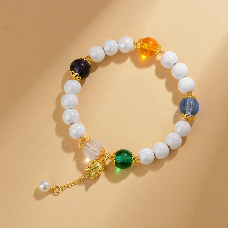 Five Elements Crystal Bracelet with White Porcelain Beads - Wealth, Wisdom & Healing Energy